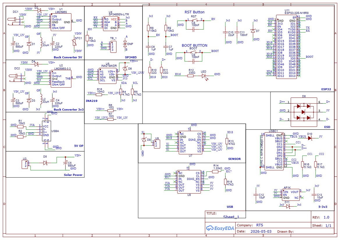Sankhya Intelligence Carrier Board v4 — full schematic EasyEDA REV 1.0 showing dual bucks, TPS1H100B switches, INA219, SP3485, USB-C, DOIT ESP32-S3 module