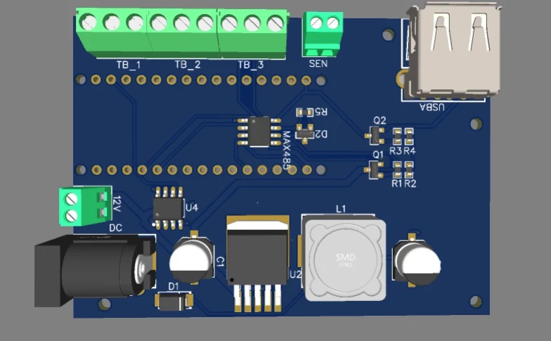 Sankhya Intelligence Carrier Board v1 — front 3D render showing terminal blocks, USB-A port, MAX485, LM2596S buck converter