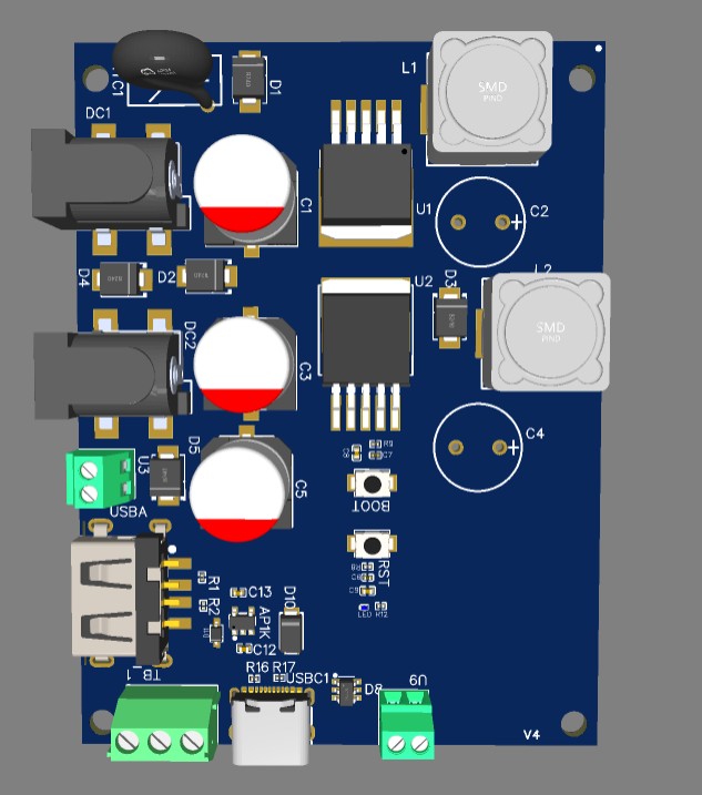 Sankhya Intelligence Carrier Board v4 — front 3D render showing dual LM2596S bucks, USB-A, USB-C, BOOT/RST buttons, terminal block, dual barrel jacks