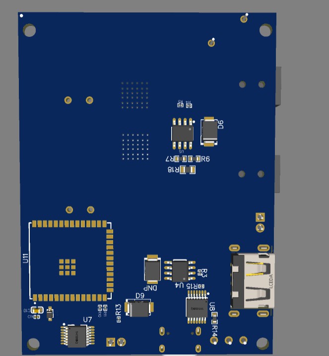 Sankhya Intelligence Carrier Board v4 — back 3D render showing chip-down ESP32-S3 module footprint, TPS1H100B load switches, INA219, SP3485, USBLC6 ESD